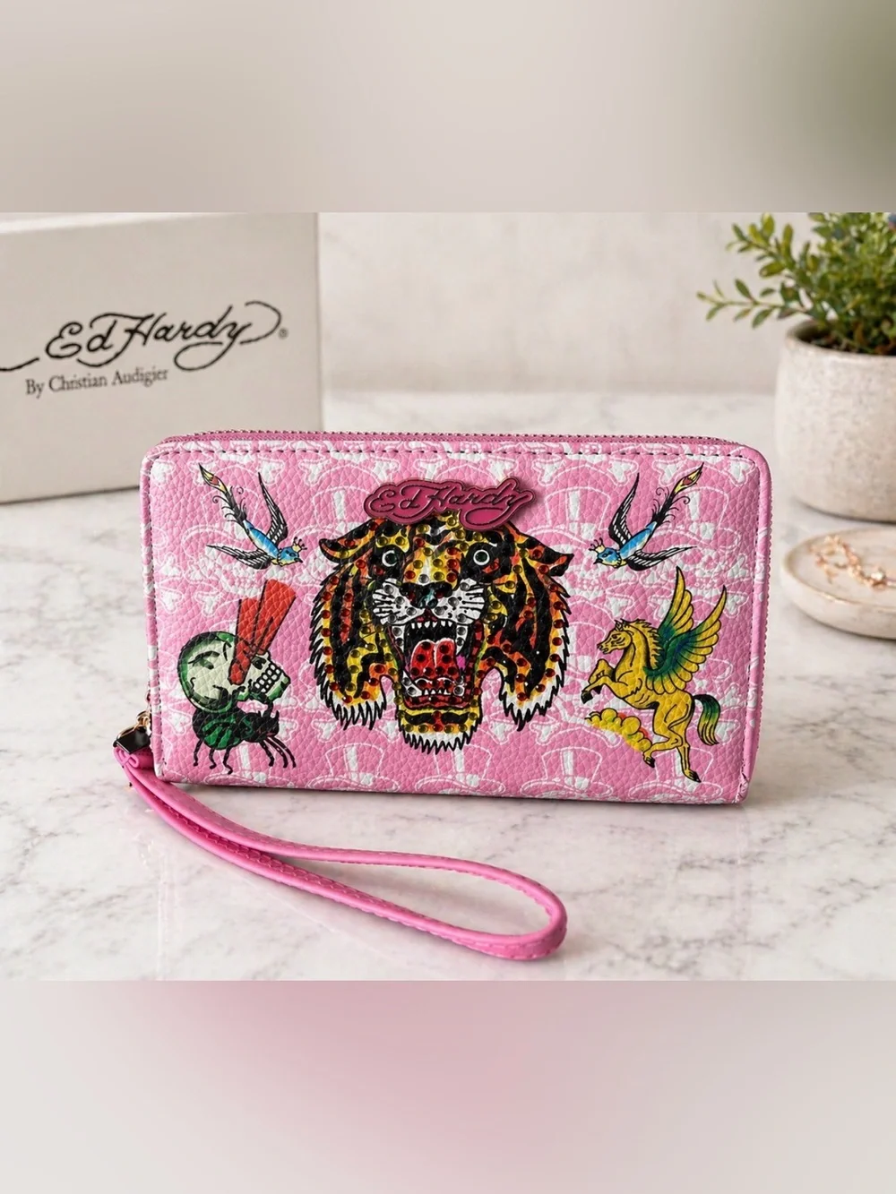Ed Hardy Pink Tattoo Motif Wristlet with Leopard Tiger and Pegasus